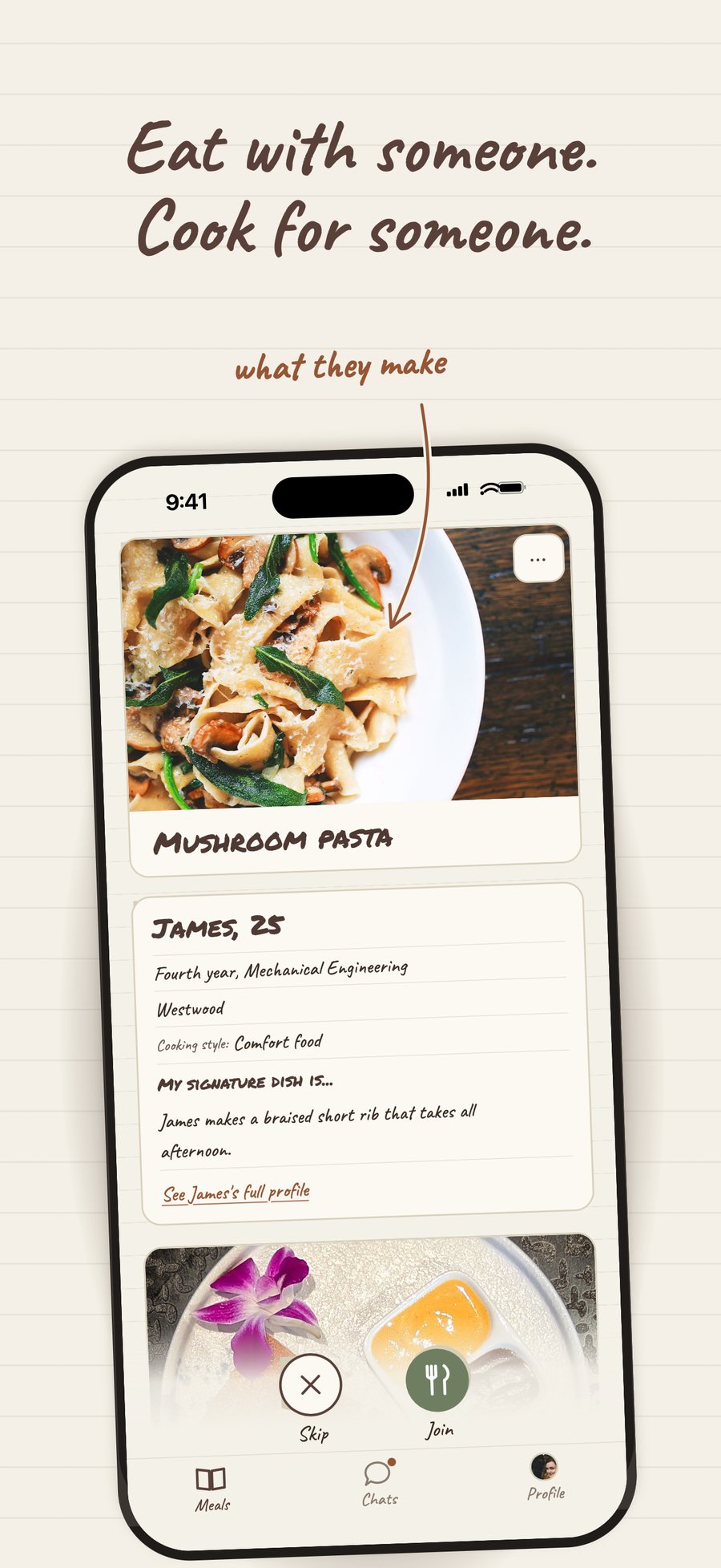Eat with someone. Cook for someone: a cook's card with their dish, name and cooking style