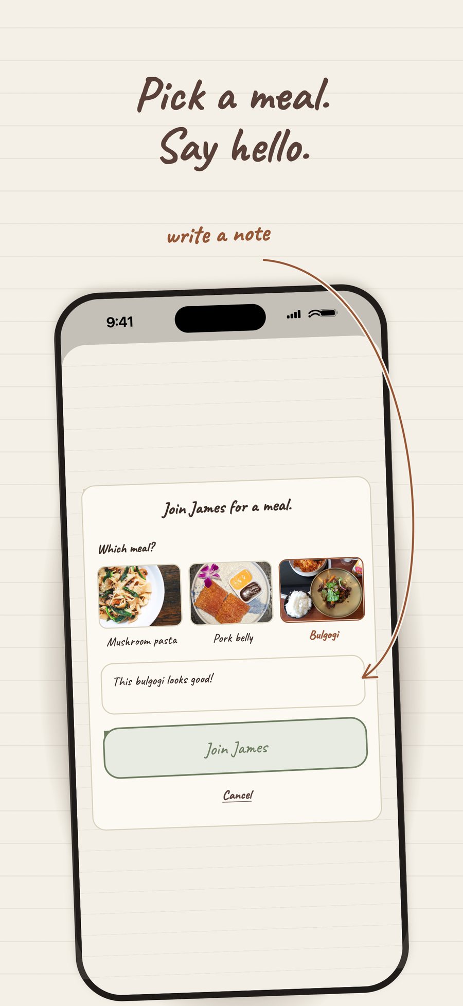 Pick a meal. Say hello: choosing a dish and writing a note to the cook
