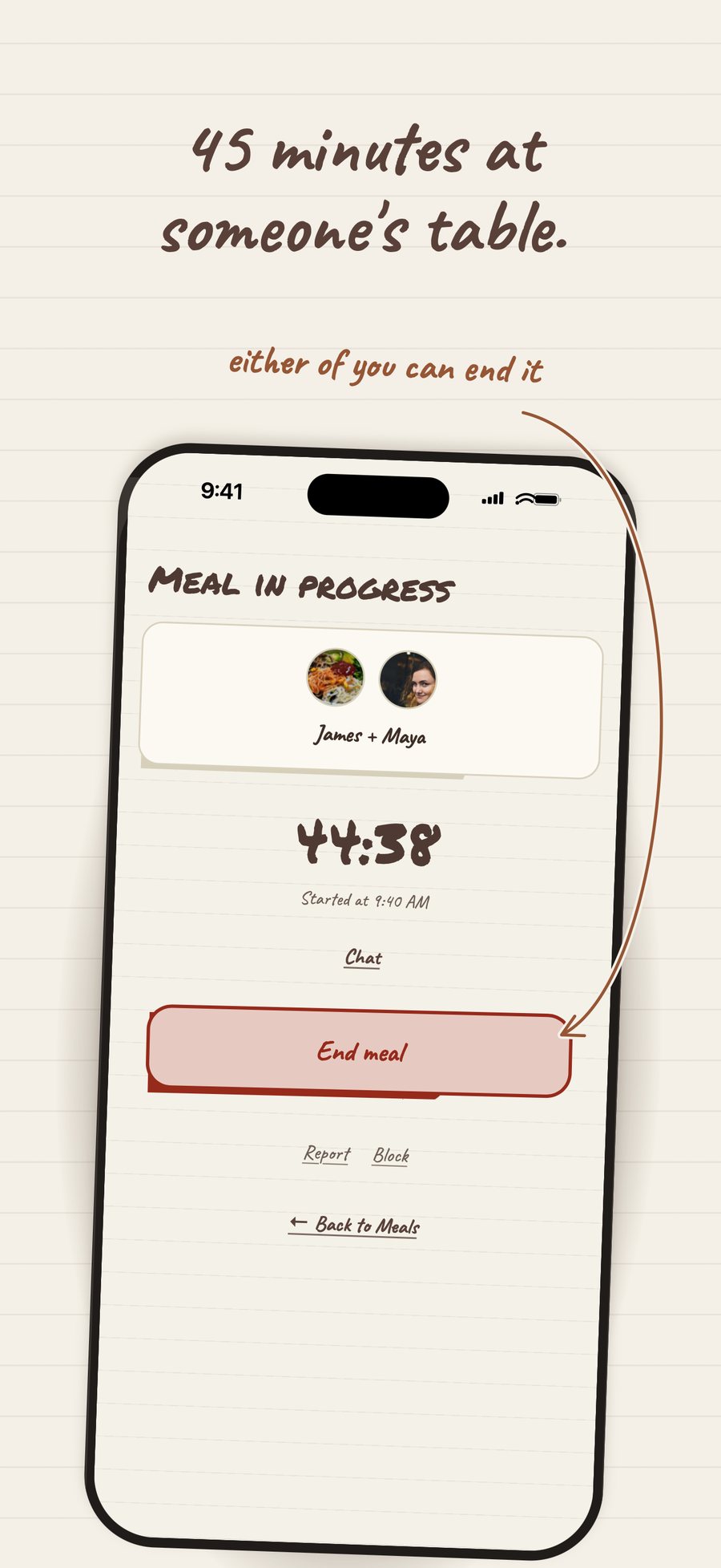 45 minutes at someone's table: the meal clock, which either person can end