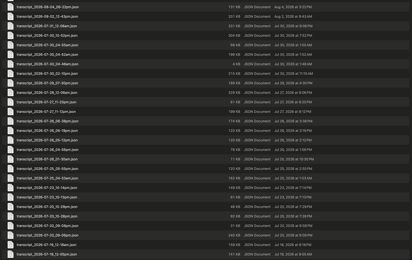 Transcript JSON exports listing